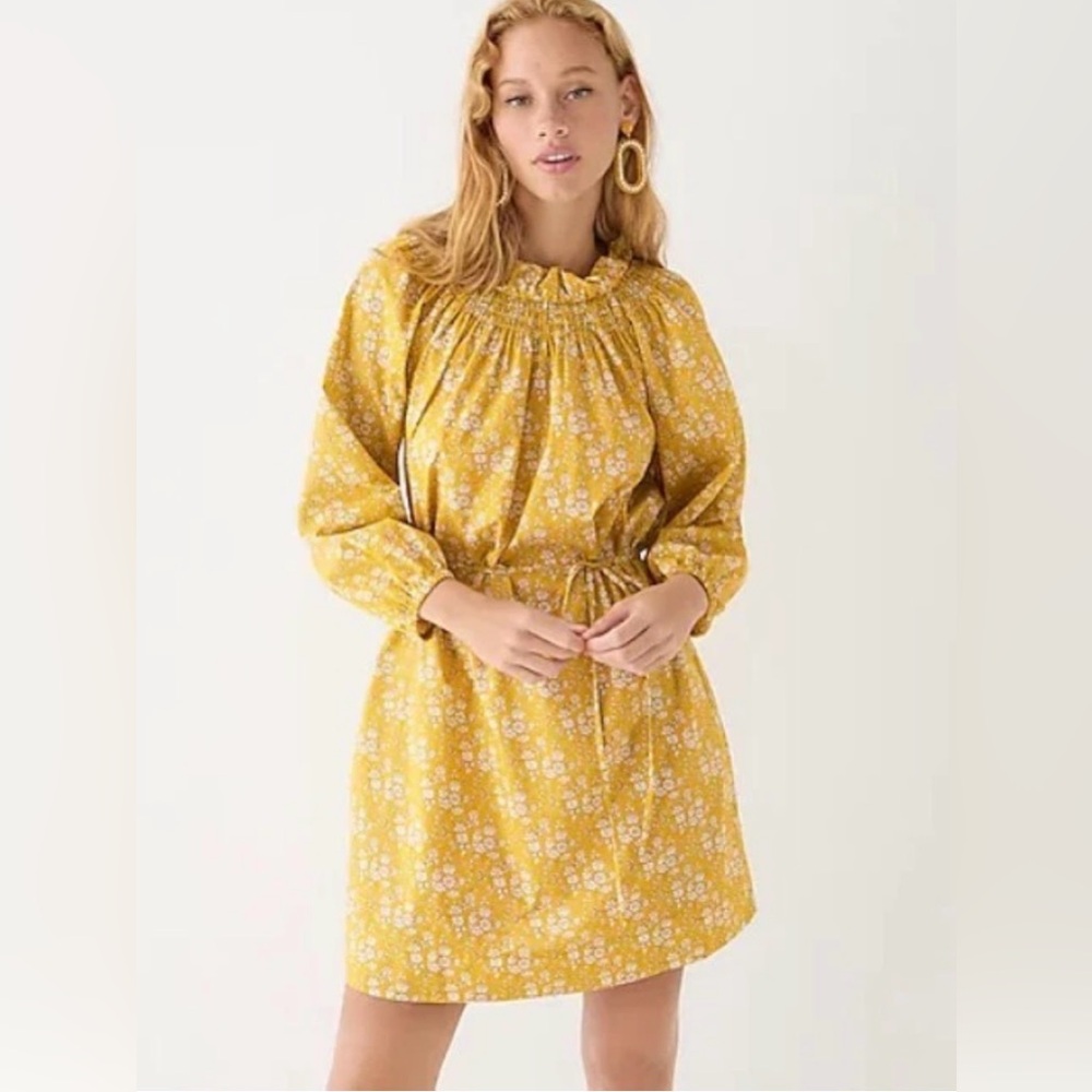 J.Crew Liberty Capel Floral Dress S Yellow Smocked Neck Cotton NWOT